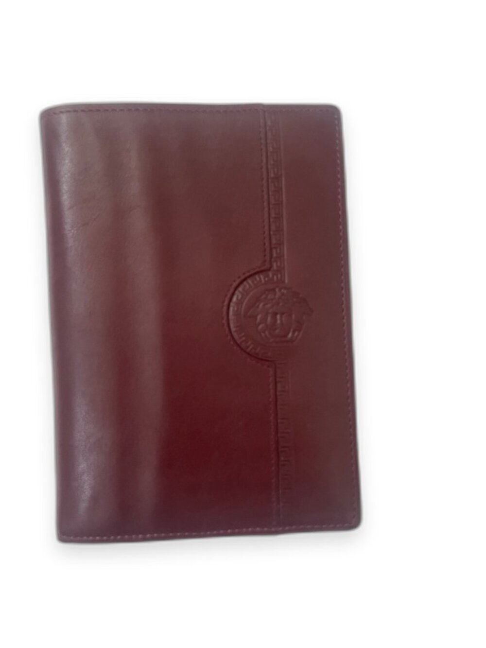 Gianni Versace Vintage 90s Medusa Greek Key Leather Wallet Bordeaux Italy